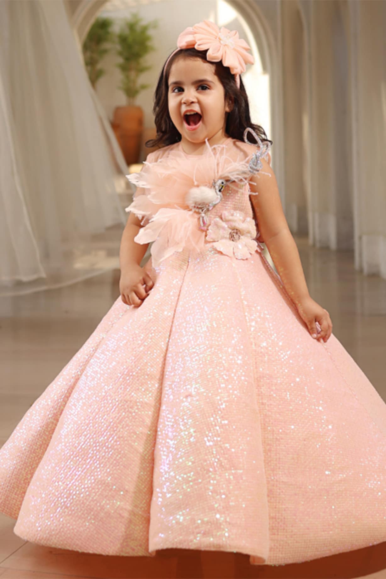 Peach Net Sequins Embroidered Gown For Girls by Fayon Kids at