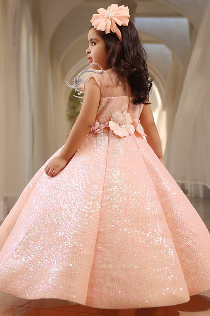 Peach Net Sequins Embroidered Gown For Girls by Fayon Kids at Pernia's Pop Up Shop