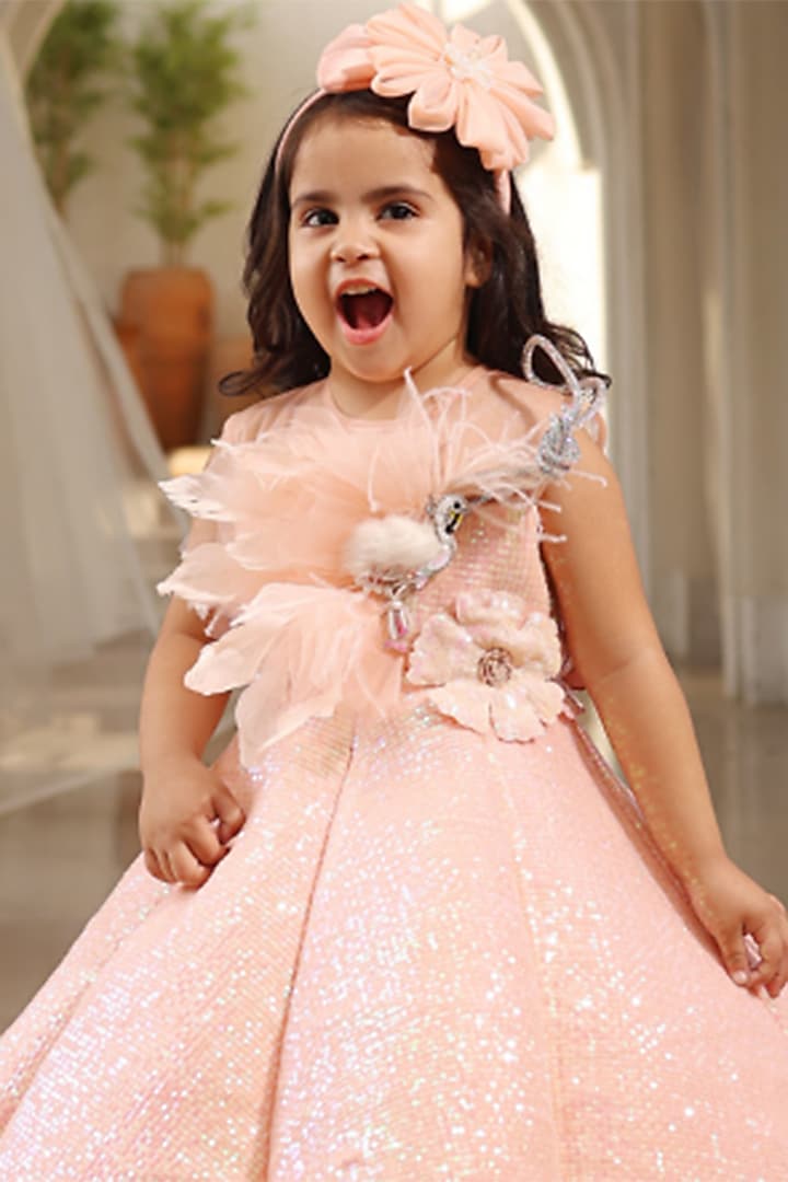 Peach Net Sequins Embroidered Gown For Girls by Fayon Kids at