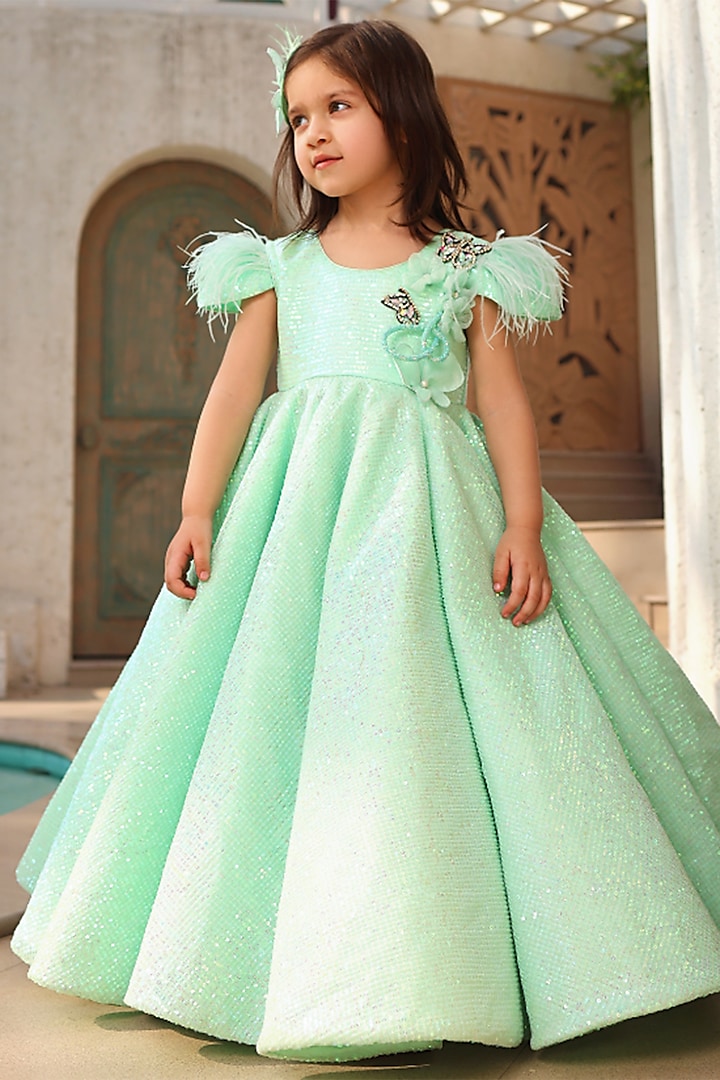 Pista Green Net Sequins Embellished Gown For Girls by Fayon Kids at Pernia's Pop Up Shop