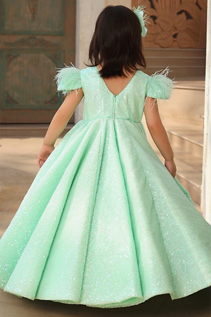 Pista Green Net Sequins Embellished Gown For Girls by Fayon Kids at Pernia's Pop Up Shop