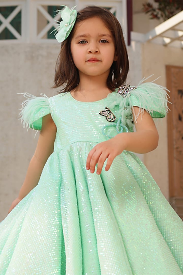 Pista Green Net Sequins Embellished Gown For Girls by Fayon Kids at Pernia's Pop Up Shop