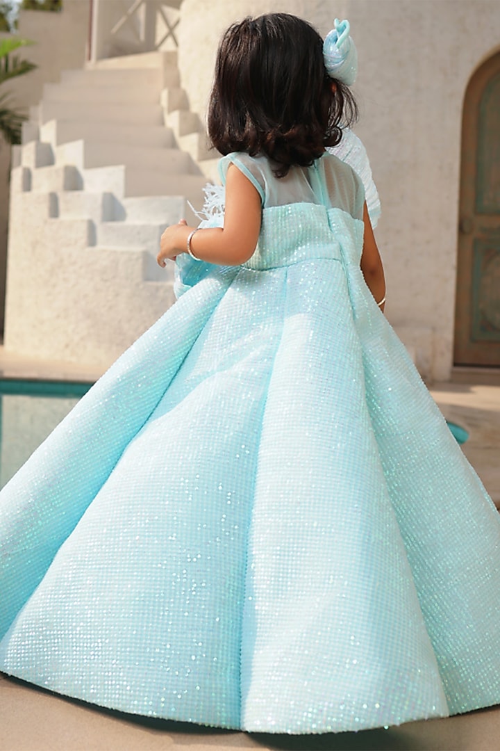 Blue Net Sequins Embroidered Gown For Girls by Fayon Kids at Pernia's Pop Up Shop