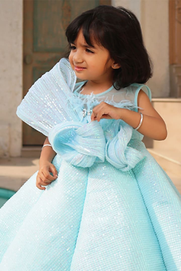 Blue Net Sequins Embroidered Gown For Girls by Fayon Kids at Pernia's Pop Up Shop