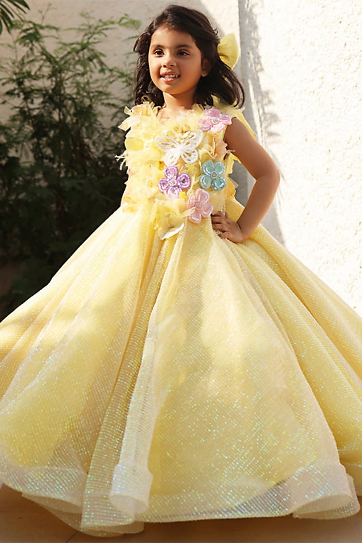 Yellow Net 3D Floral Embroidered Gown For Girls by Fayon Kids at Pernia's Pop Up Shop