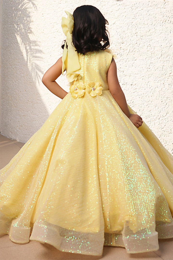 Yellow Net 3D Floral Embroidered Gown For Girls by Fayon Kids at Pernia's Pop Up Shop