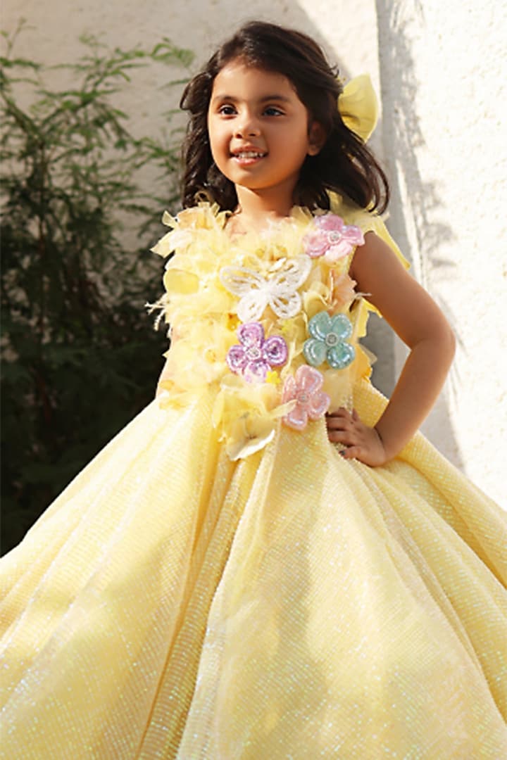 Yellow Net 3D Floral Embroidered Gown For Girls by Fayon Kids at Pernia's  Pop Up Shop 2026