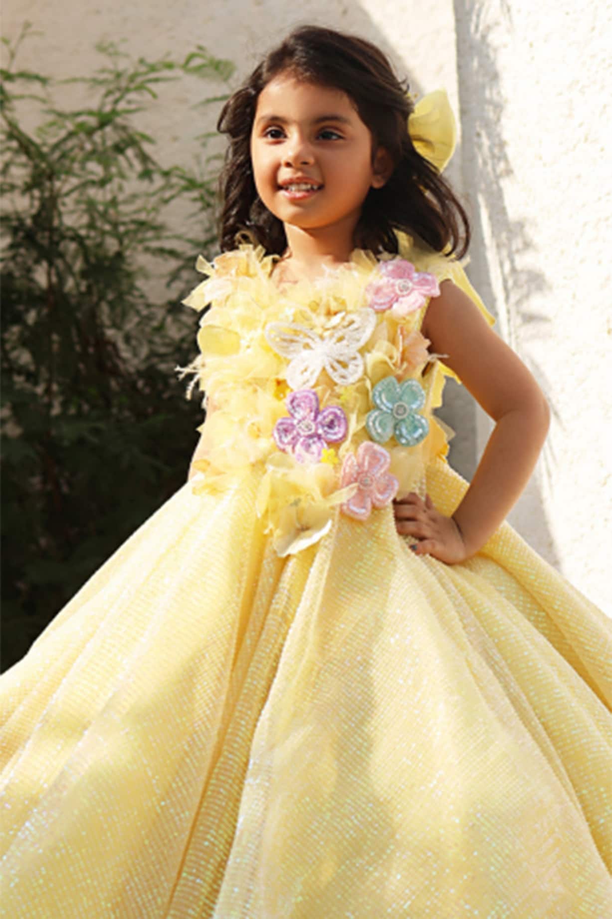 Yellow Net 3D Floral Embroidered Gown For Girls by Fayon Kids at