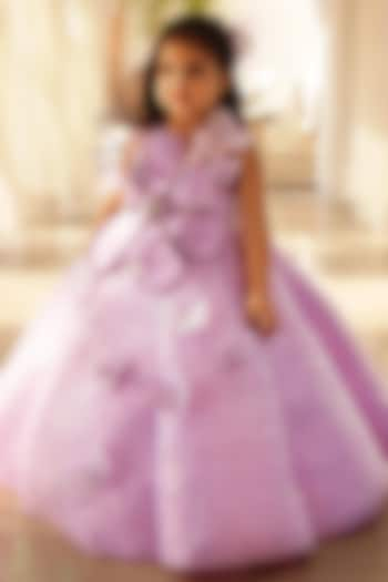 Lilac Net Pearl & Sequins Embroidered Gown For Girls by Fayon Kids at Pernia's Pop Up Shop