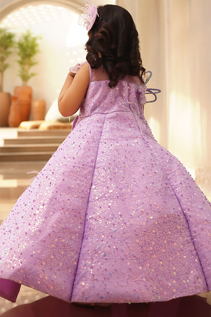 Lilac Net Pearl & Sequins Embroidered Gown For Girls by Fayon Kids at Pernia's Pop Up Shop