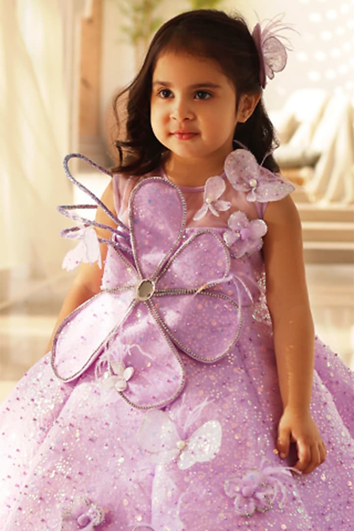 Lilac Net Pearl & Sequins Embroidered Gown For Girls by Fayon Kids at Pernia's Pop Up Shop