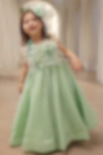 Green Shimmer Net Gown For Girls by Fayon Kids at Pernia's Pop Up Shop