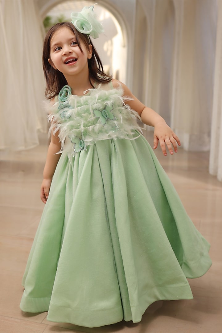 Green Shimmer Net Gown For Girls by Fayon Kids at Pernia's Pop Up Shop