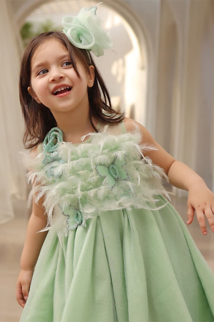 Green Shimmer Net Gown For Girls by Fayon Kids at Pernia's Pop Up Shop