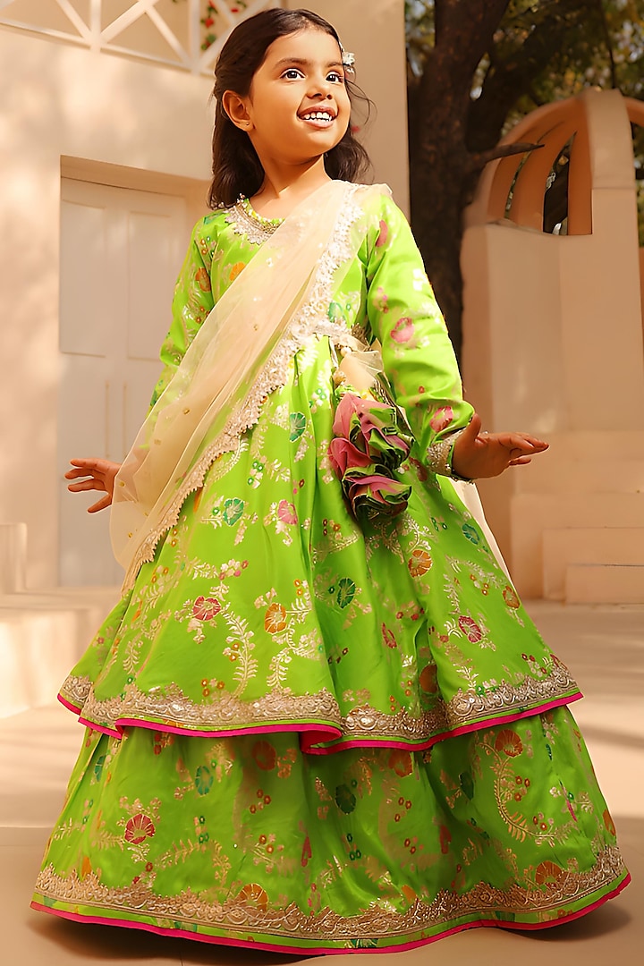 Green Brocade Embellished Anarkali Set For Girls by Fayon Kids at Pernia's Pop Up Shop