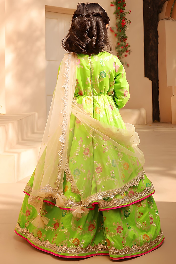 Green Brocade Embellished Anarkali Set For Girls by Fayon Kids at Pernia's Pop Up Shop