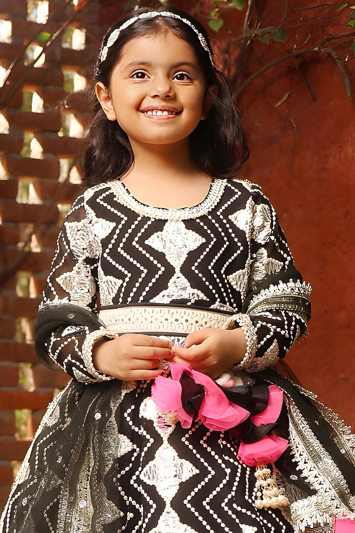 Black Georgette Gota Embroidered Anarkali Set For Girls by Fayon Kids at Pernia's Pop Up Shop