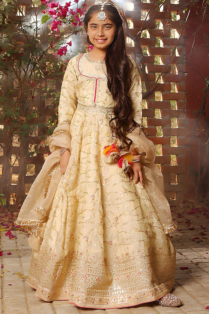 Golden Dupion Embroidered Anarkali Set For Girls by Fayon Kids at Pernia's Pop Up Shop