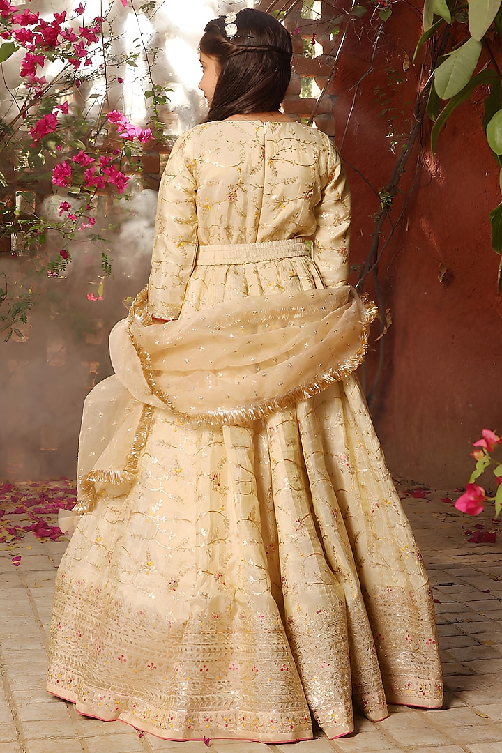Golden Dupion Embroidered Anarkali Set For Girls by Fayon Kids at Pernia's Pop Up Shop