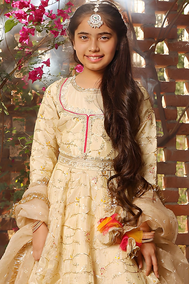 Golden Dupion Embroidered Anarkali Set For Girls by Fayon Kids at Pernia's Pop Up Shop