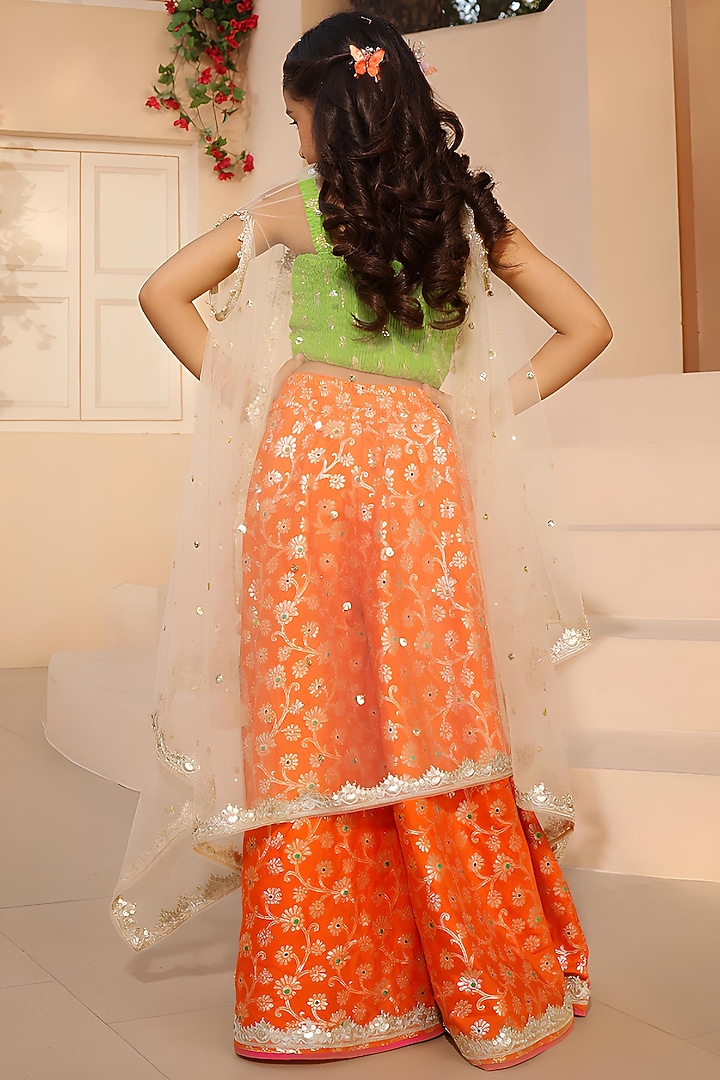 Orange Brocade Palazzo Pant Set For Girls by Fayon Kids at Pernia's Pop Up Shop