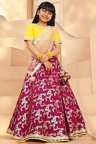 Purple Brocade Embroidered Lehenga Set For Girls by Fayon Kids