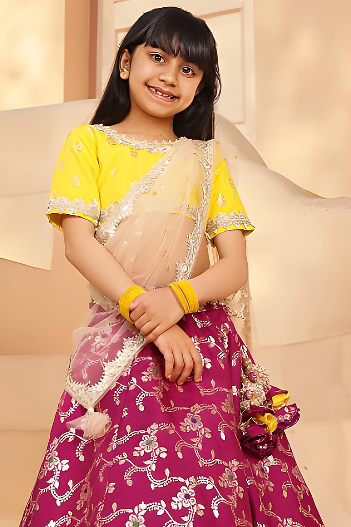 Purple Brocade Embroidered Lehenga Set For Girls by Fayon Kids at Pernia's Pop Up Shop