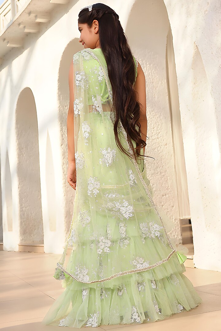 Green Net Lace Embroidered Lehenga Saree Set For Girls by Fayon Kids at Pernia's Pop Up Shop