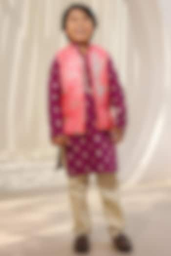 Pink Brocade Embroidered Nehru Jacket Set For Boys by Fayon Kids