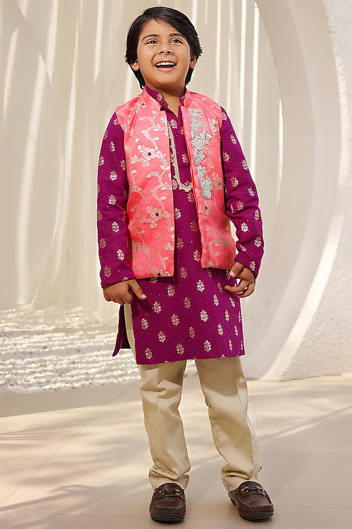 Pink Brocade Embroidered Nehru Jacket Set For Boys by Fayon Kids