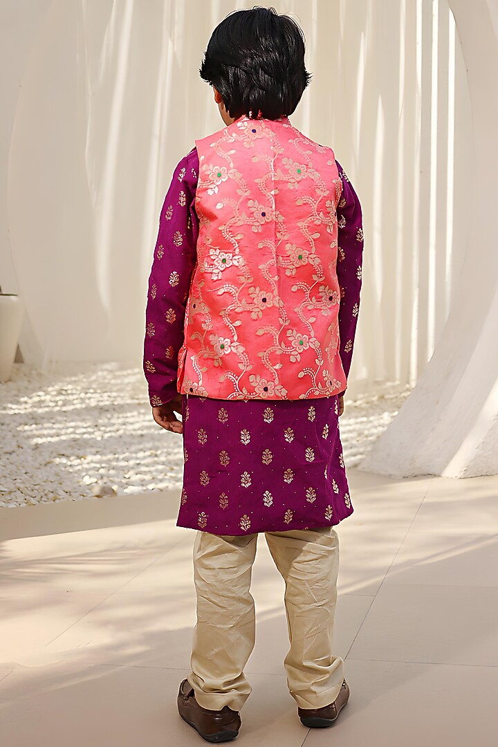 Pink Brocade Embroidered Nehru Jacket Set For Boys by Fayon Kids at Pernia's Pop Up Shop