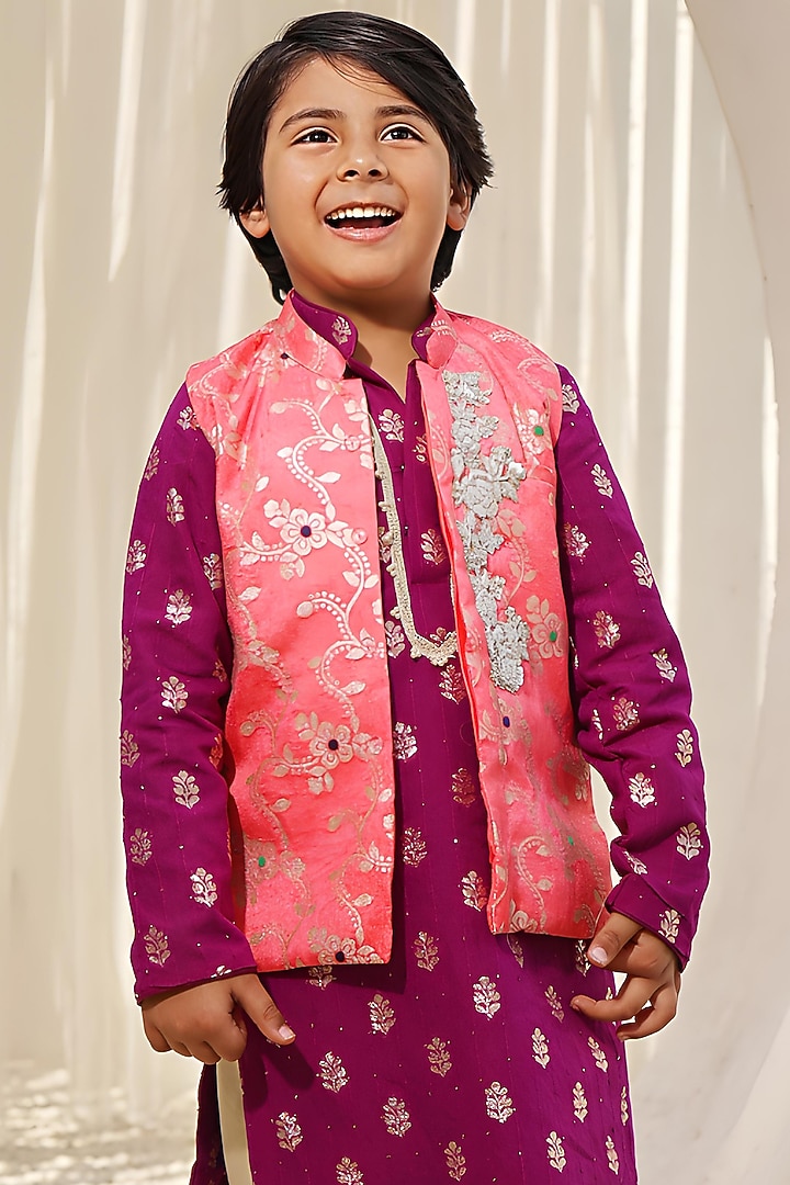 Pink Brocade Embroidered Nehru Jacket Set For Boys by Fayon Kids at Pernia's Pop Up Shop