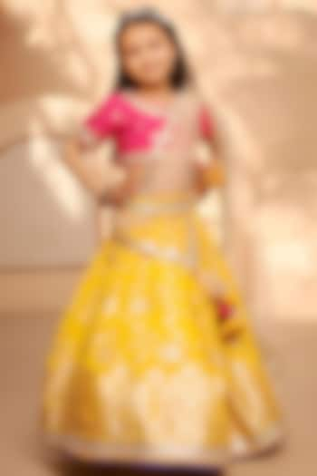 Yellow Brocade Embroidered Lehenga Set For Girls by Fayon Kids at Pernia's Pop Up Shop