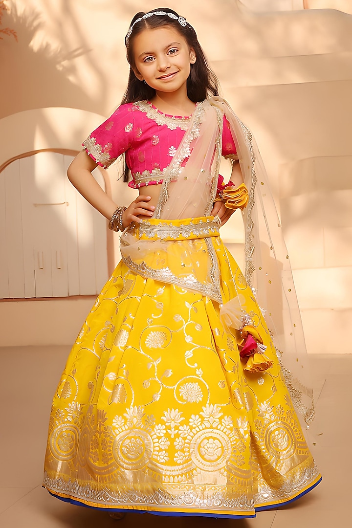 Yellow Brocade Embroidered Lehenga Set For Girls by Fayon Kids at Pernia's Pop Up Shop