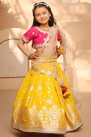 Yellow Brocade Embroidered Lehenga Set For Girls by Fayon Kids