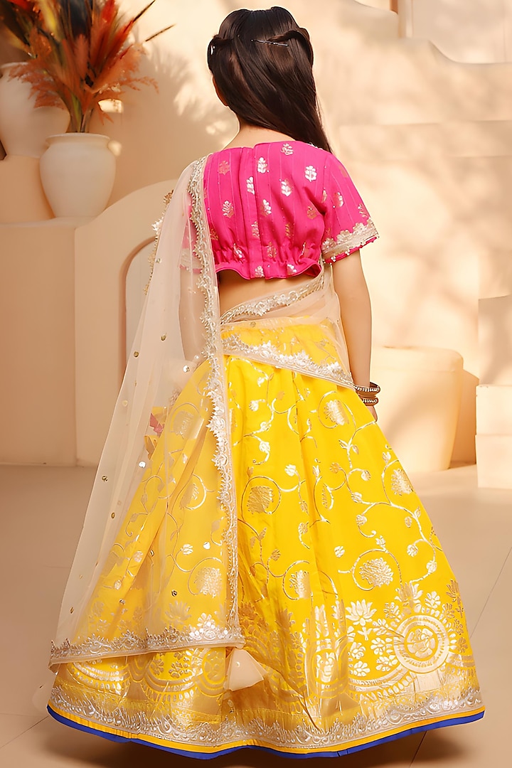 Yellow Brocade Embroidered Lehenga Set For Girls by Fayon Kids at Pernia's Pop Up Shop