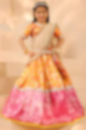 Orange Brocade Embroidered Lehenga Set For Girls by Fayon Kids at Pernia's Pop Up Shop