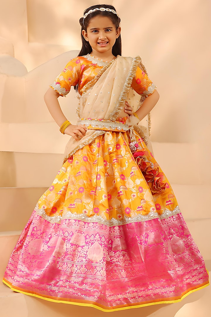 Orange Brocade Embroidered Lehenga Set For Girls by Fayon Kids at Pernia's Pop Up Shop