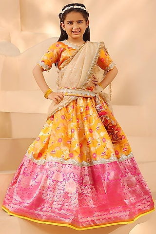 Orange Brocade Embroidered Lehenga Set For Girls by Fayon Kids