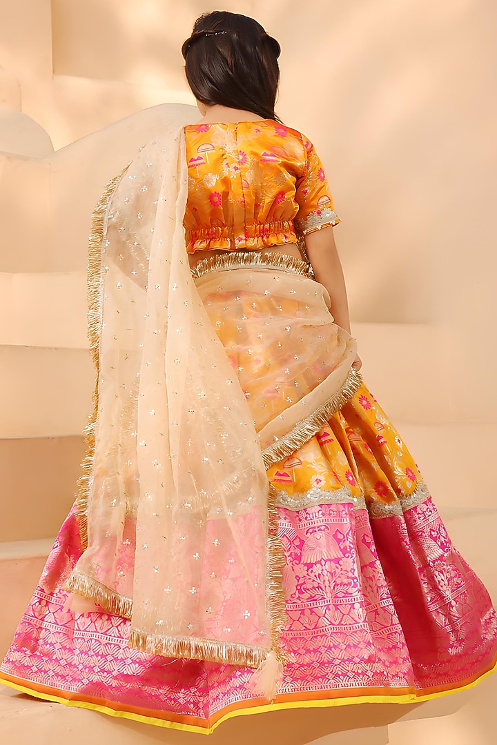 Orange Brocade Embroidered Lehenga Set For Girls by Fayon Kids at Pernia's Pop Up Shop