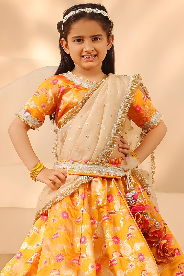Orange Brocade Embroidered Lehenga Set For Girls by Fayon Kids at Pernia's Pop Up Shop