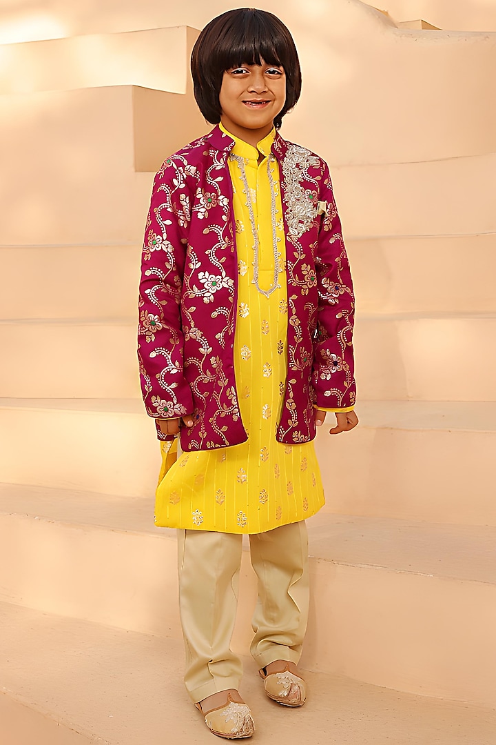 Purple Brocade Embroidered Nehru Jacket Set For Boys by Fayon Kids