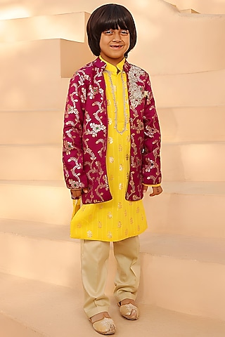 Purple Brocade Embroidered Nehru Jacket Set For Boys by Fayon Kids