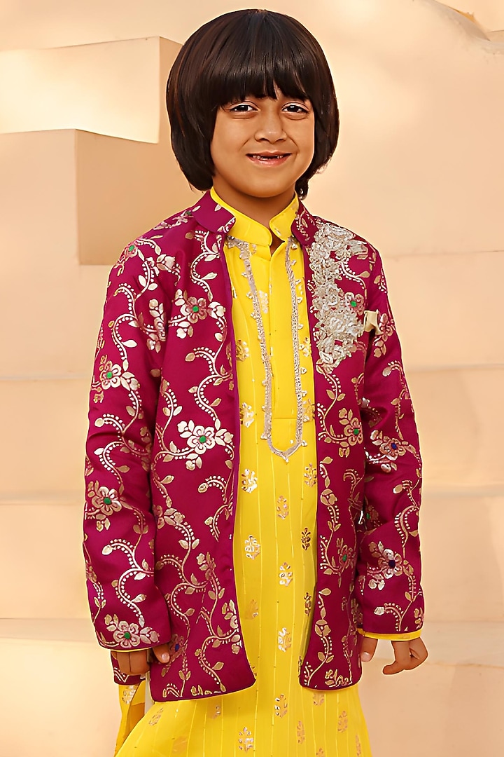 Purple Brocade Embroidered Nehru Jacket Set For Boys by Fayon Kids at Pernia's Pop Up Shop