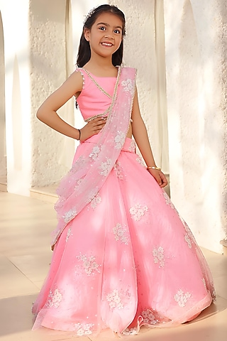 Pink Net Lace Embroidered Lehenga Saree Set For Girls by Fayon Kids
