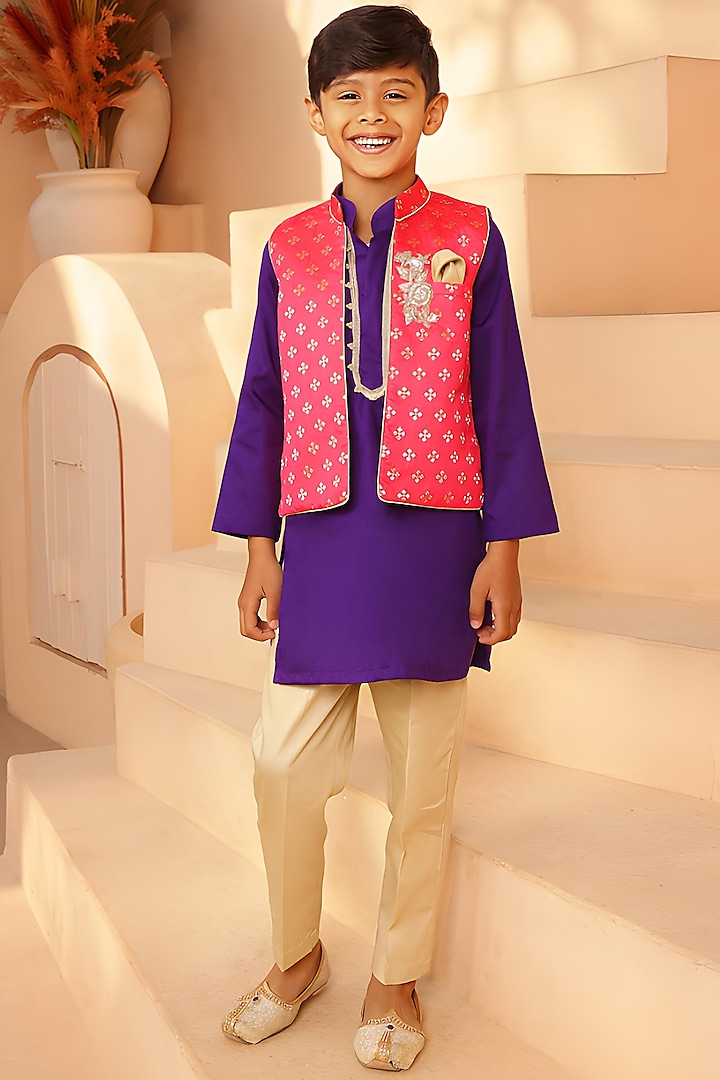 Orange Brocade Embroidered Nehru Jacket Set For Boys by Fayon Kids