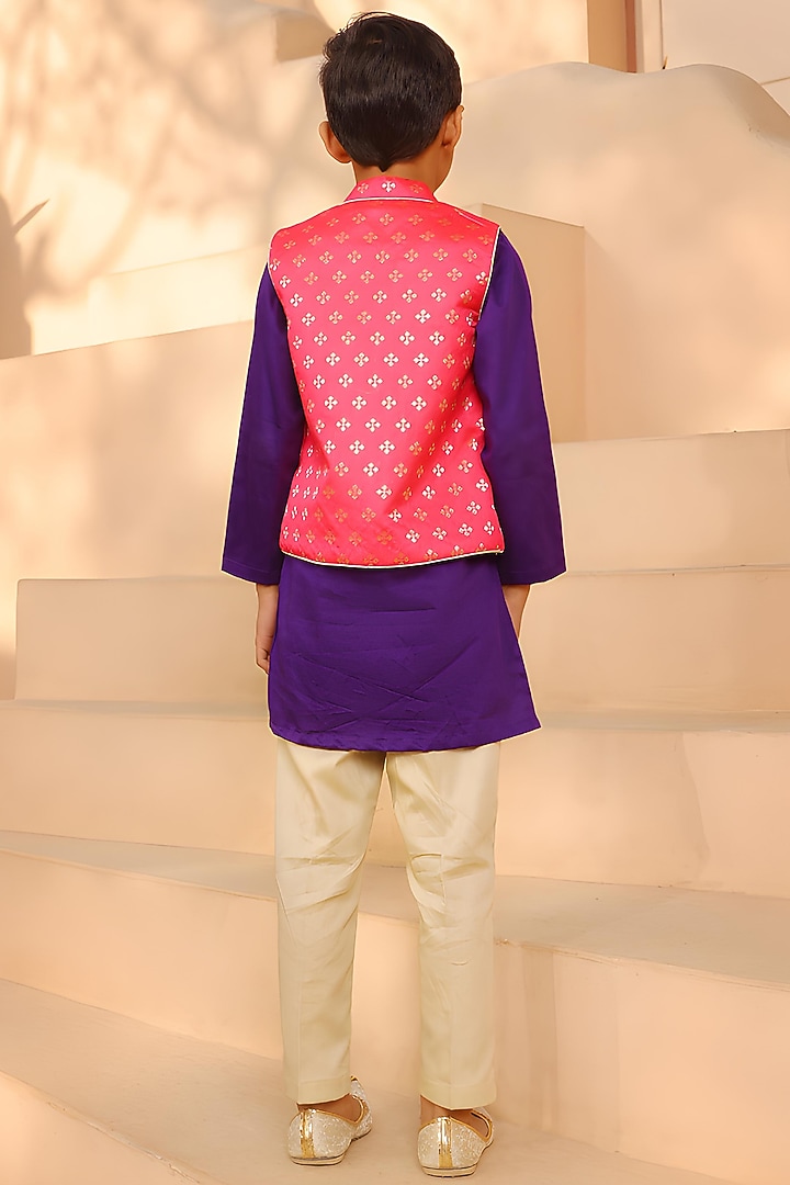 Orange Brocade Embroidered Nehru Jacket Set For Boys by Fayon Kids at Pernia's Pop Up Shop
