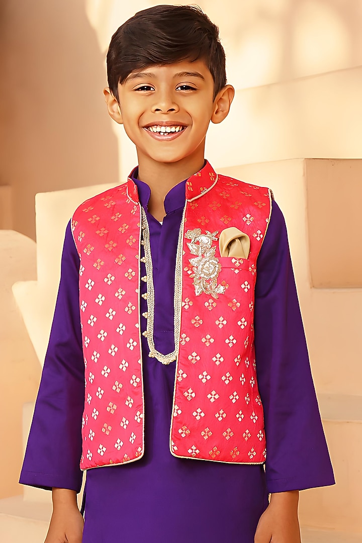 Orange Brocade Embroidered Nehru Jacket Set For Boys by Fayon Kids at Pernia's Pop Up Shop