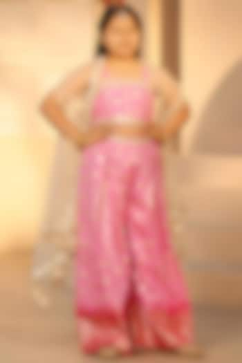 Pink Brocade Palazzo Pant Set For Girls by Fayon Kids at Pernia's Pop Up Shop