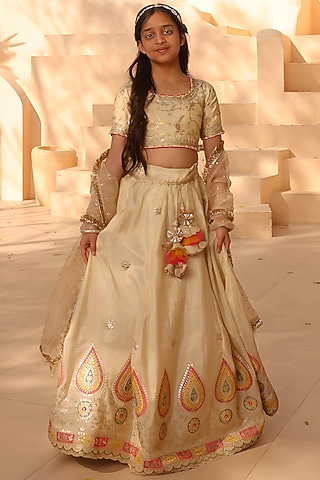 Golden Dupion Embroidered Lehenga Set For Girls by Fayon Kids